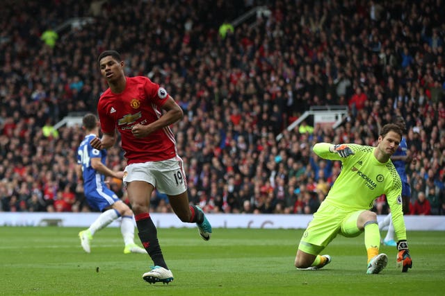 Marcus Rashford celebrates scoring against Chelsea in 2017