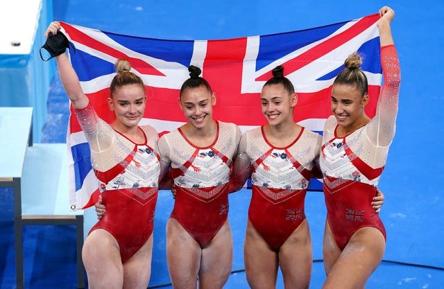 Alice Kinsella, Jennifer Gadirova, Jessica Gadirova and Amelie Morgan celebrate