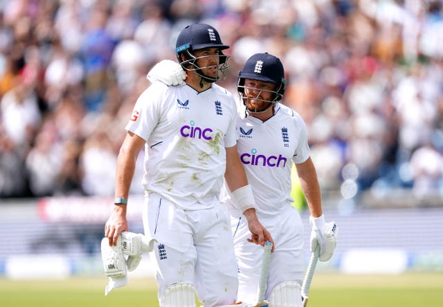 Jamie Overton, left, is embraced by Jonny Bairstow after his dismissal for 97