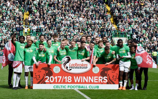 Celtic celebrate after winning the Ladbrokes Premiership title