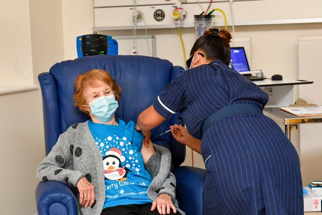 Margaret Keenan, 90, was the first patient to receive the Pfizer/BioNtech Covid-19 vaccine (Jacob King/PA)