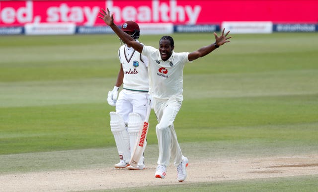 England’s Jofra Archer celebrates taking the wicket of the West Indies’ Shamarh Brooks in 2020