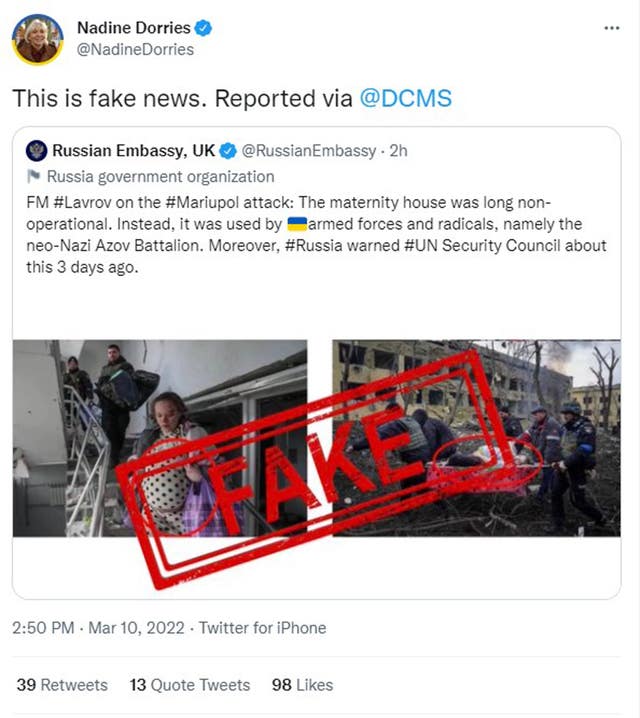Screengrab from the Twitter feed of Nadine Dorries showing a tweet by the Russian Embassy in the UK which was branded 'fake news' by the Culture Secretary and which has been removed by Twitter 