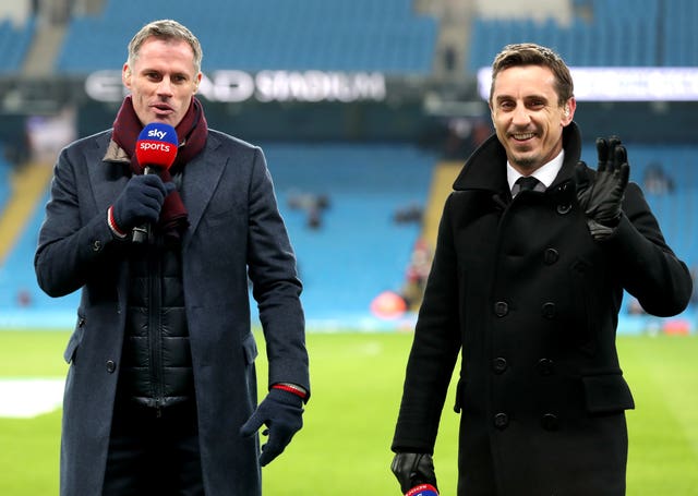 Jamie Carragher and Gary Neville working as Sky Sports football pundits
