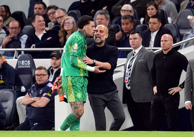 Ederson, left, reacts after being substituted against Tottenham