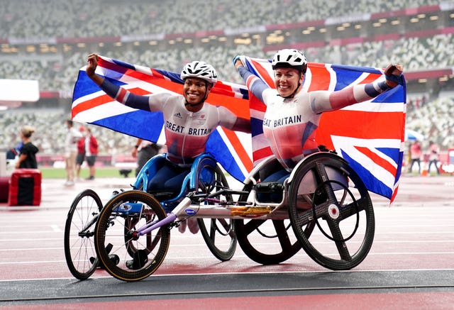 Great Britain’s Hannah Cockroft, right, and Kare Adenegan were once again on the Paralympic podium together