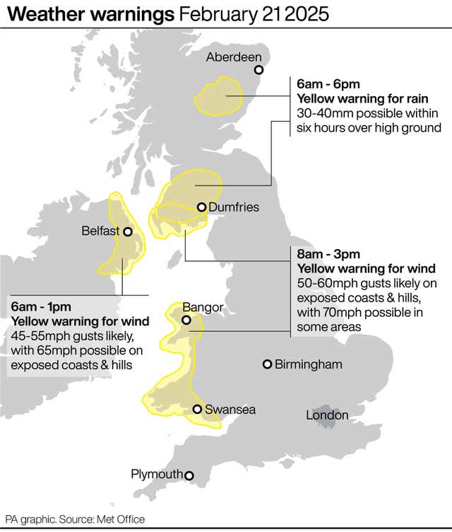 A map showing weather warnings in place across the UK on February 21 2025