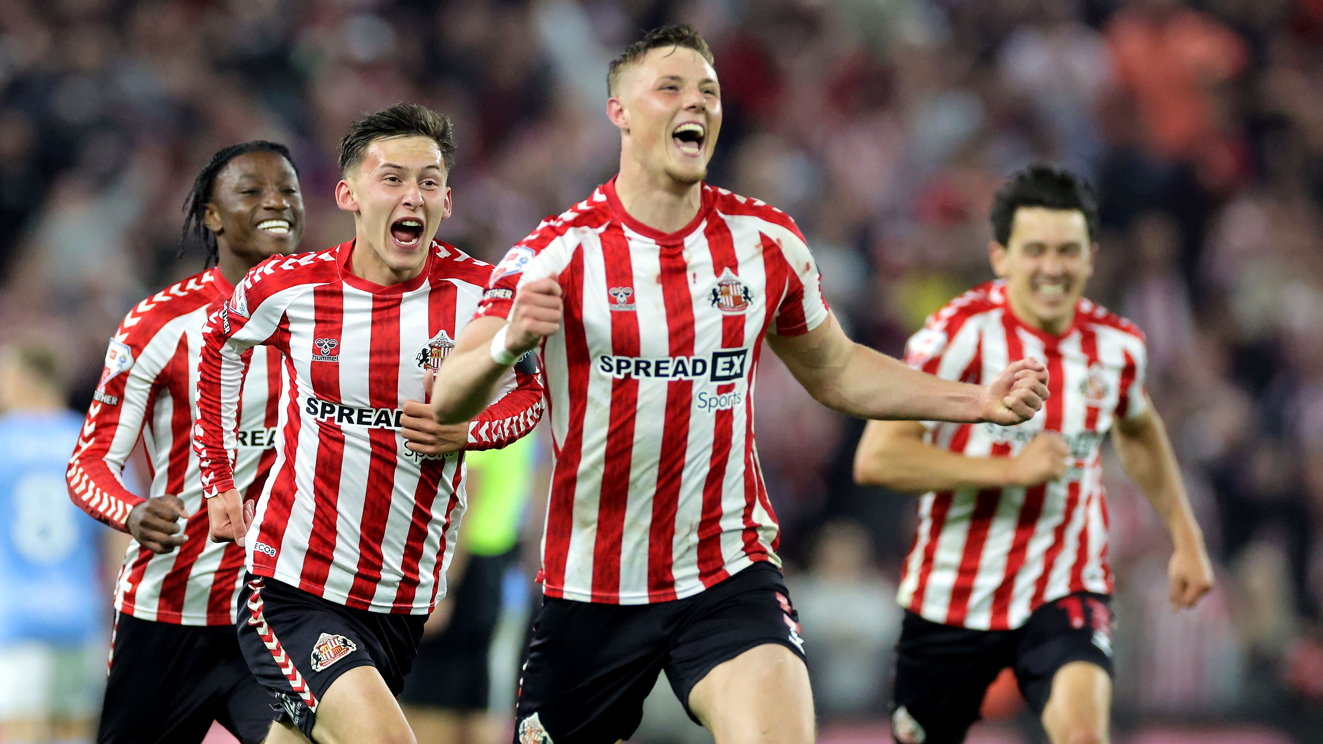 Dan Ballard and team-mates celebrate his winning goal (Steve Welsh/PA)