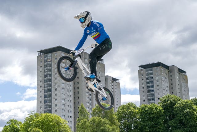 Colombia’s Diego Alejandro Arboleda Ospina in the Men’s Elite race final on day one at the UCI BMX Racing World Cup event in Glasgow