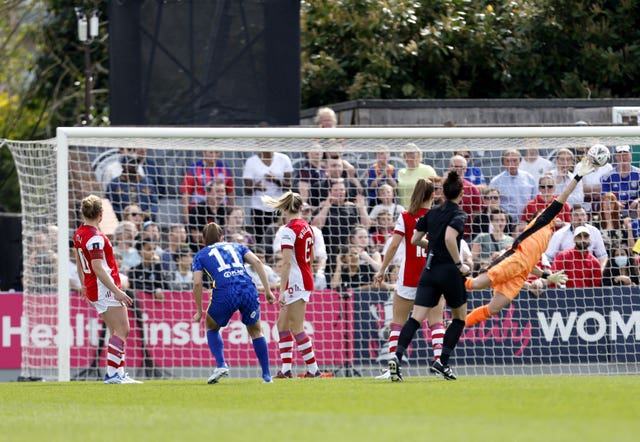 Guro Reiten, second left, curls home Chelsea's opening goal in their FA Cup semi-final triumph