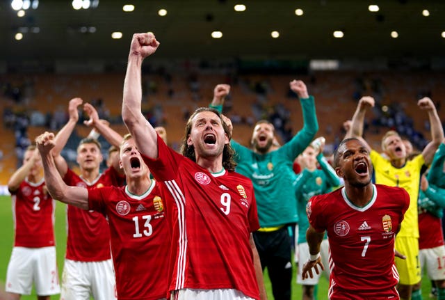 Hungary’s players celebrate their crushing 4-0 win against England at Molineux 