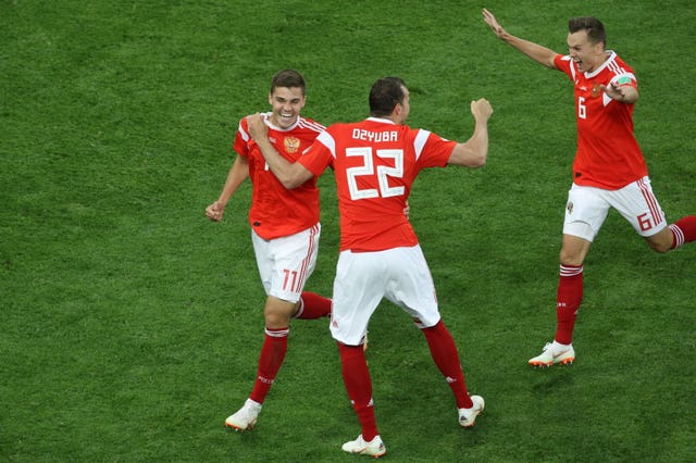 Russia celebrate after scoring against Egypt