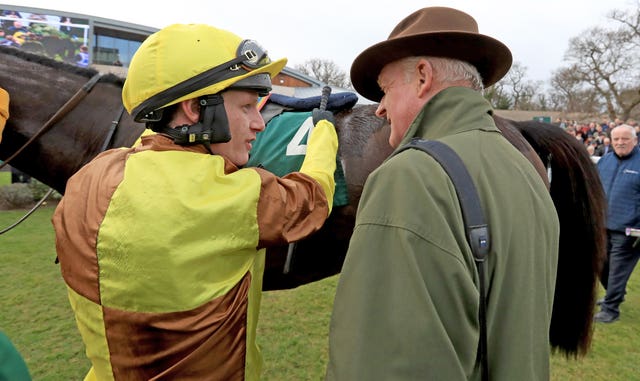 Willie Mullins with Paul Townend after seeing Galopin Des Champs win the Irish Gold Cup 