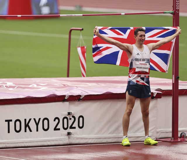 Great Britain’s Jonathan Broom-Edwards celebrates winning gold in the men's T64 high jump at the Tokyo 2020 Paralympics