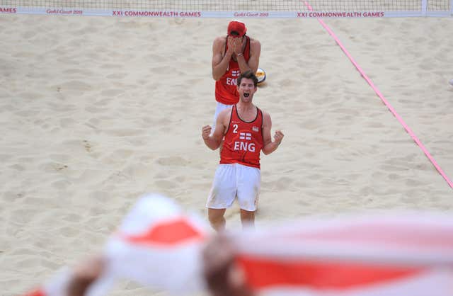 England’s Chris Gregory and Jake Sheaf celebrate victory over Scotland’s Robin Miedzy Brodski and Sean Cook in the Mens Beach Volleyball Quarterfinal at Coolangatta Beach during day six of the 2018 Commonwealth Games in the Gold Coast, Australia
