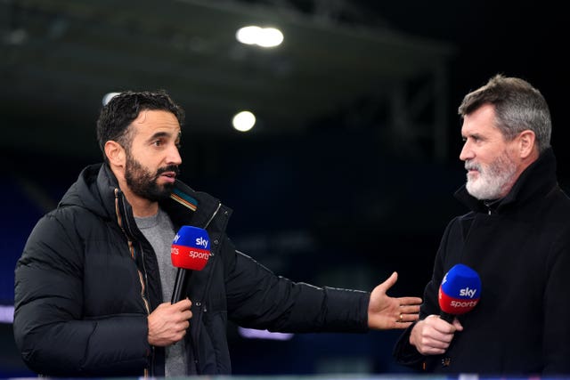 Ruben Amorim (left) is interviewed by Sky Sports Roy Keane (right)