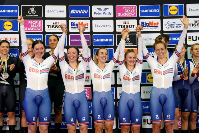 (Left to right) Great Britain’s Katie Archibald, Anna Morris, Elinor Barker. Meg Barker and Josie Knight celebrate after winning the women's team pursuit at the 2023 UCI Cycling World Championships
