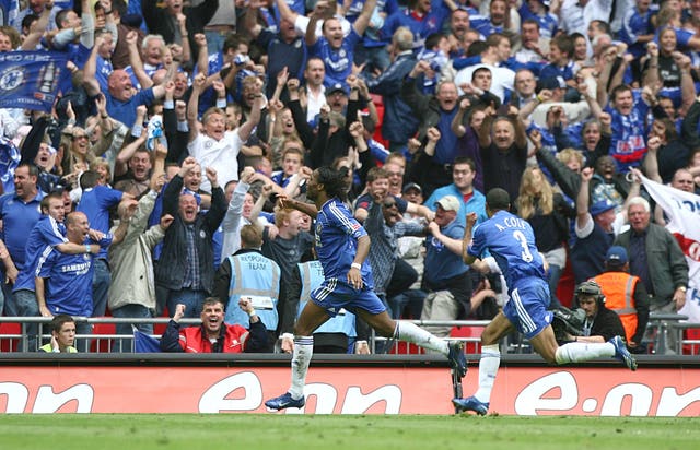 Chelsea’s Didier Drogba celebrates after scoring the winner in the 2007 FA Cup final, the first to be played at the new Wembley