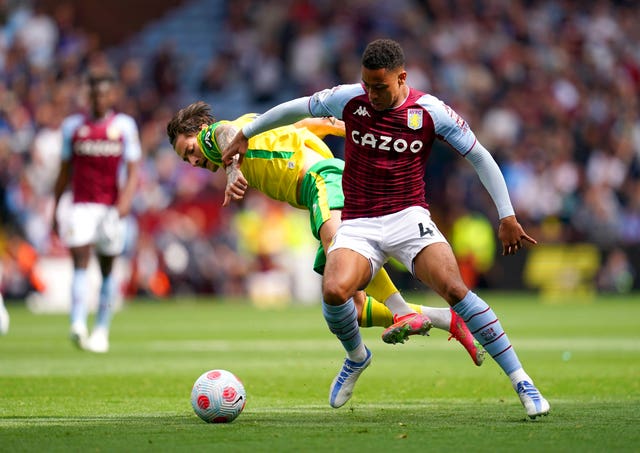 Aston Villa’s Jacob Ramsey (right) and Norwich City’s Mathias Normann battle for the ball during the Premier League match at Villa Park, Birmingham. Picture date: Saturday April 30, 2022