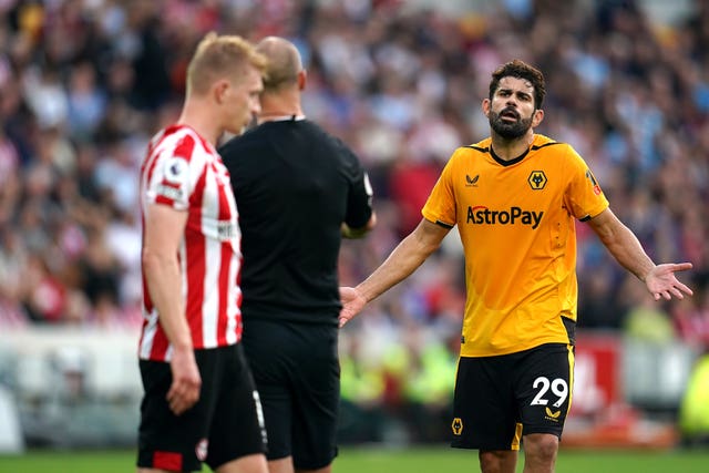 Diego Costa was sent off late on in Wolves' draw at Brentford.