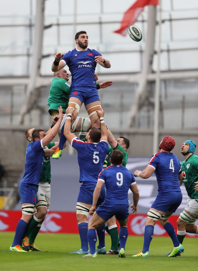 Ireland’s Rhys Ruddock (left) and France’s Charles Ollivon contest a line-out at the Aviva Stadium