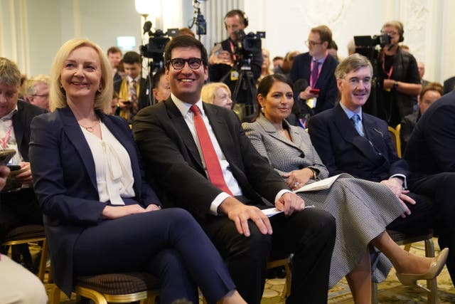 Liz Truss at the rally with former Cabinet colleagues Ranil Jayawardena, left to right, Dame Priti Patel and Sir Jacob Rees-Mogg 