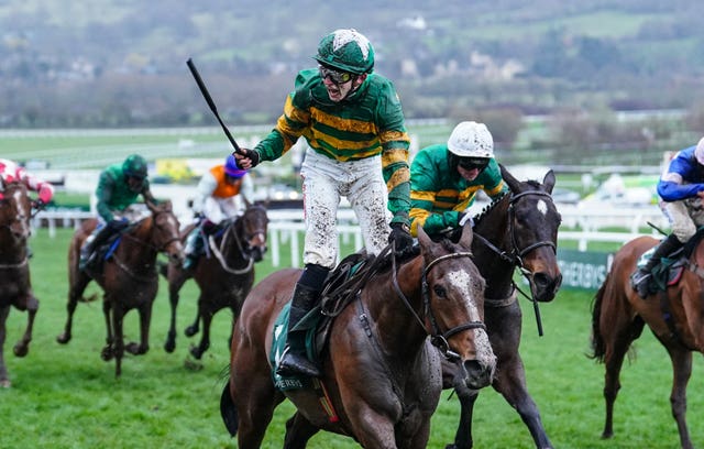 Jockey John Gleeson celebrates winning the Weatherbys Champion Bumper