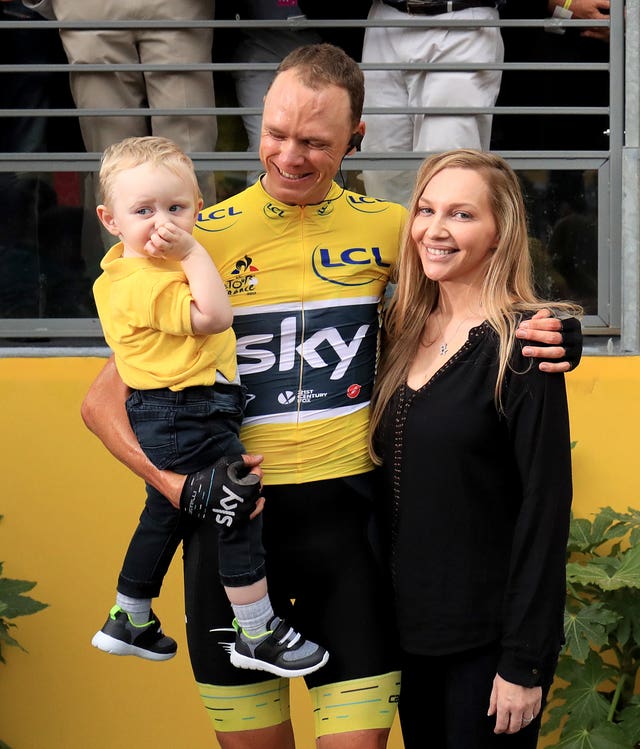 Froome celebrates with his wife Michelle and son Kellan after his 2017 Tour success