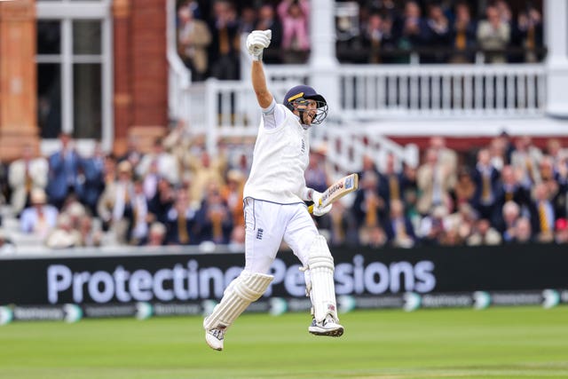 England’s Joe Root celebrates his century during day three of the second Test match at Lord’s