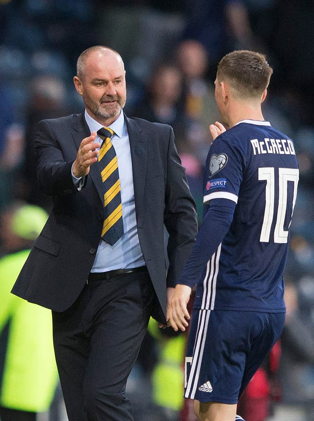 Steve Clarke, left, congratulates Callum McGregor