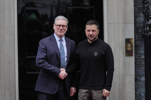 Sir Keir Starmer shaking hands with Volodymyr Zelensky outside Number 10