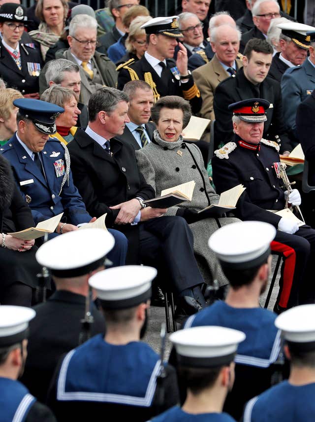 The Princess Royal, with her husband Sir Timothy Laurance (left) and Lord Lieutenant of Argyll and Bute Patrick Stewart (right), during a commemoration service at the War Memorial  (Jane Barlow/PA)