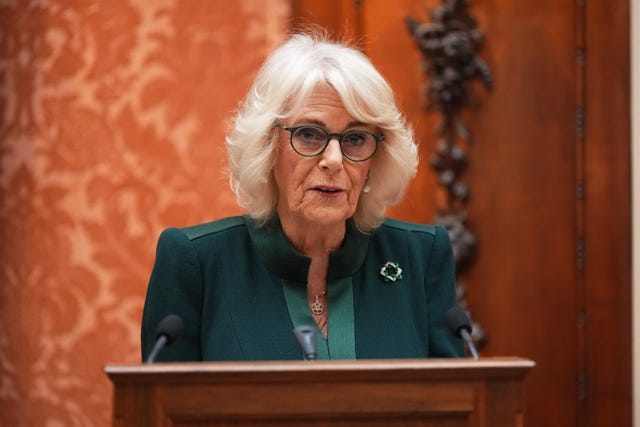 Queen Camilla speaking during a reception for winners of the Queen’s Commonwealth Essay Competition, at Buckingham Palace in London in November 