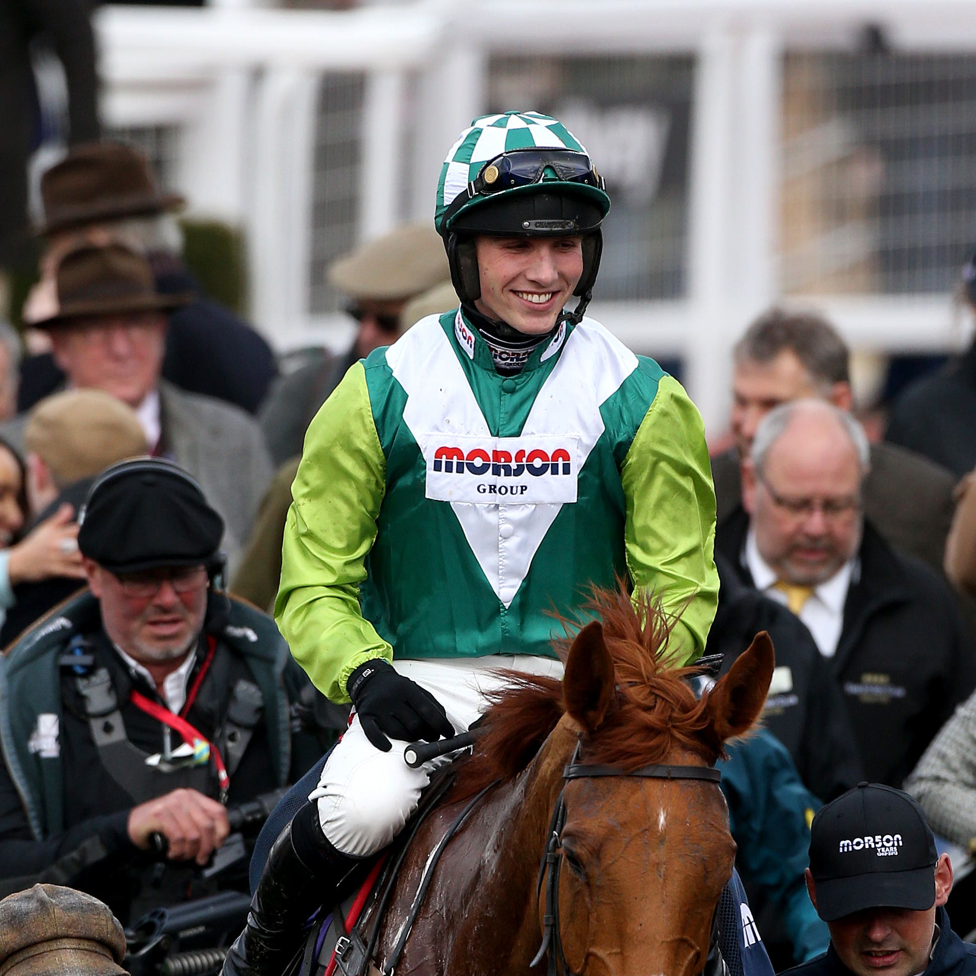 Harry Cobden, here celebrating Cheltenham Festival success on Topofthegame, has ridden his 100th winner of the season