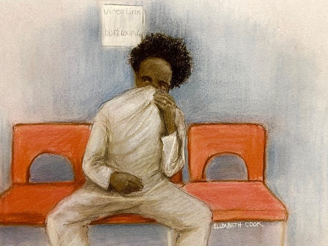 Court sketch of Axel Rudakubana with white trousers and jumper