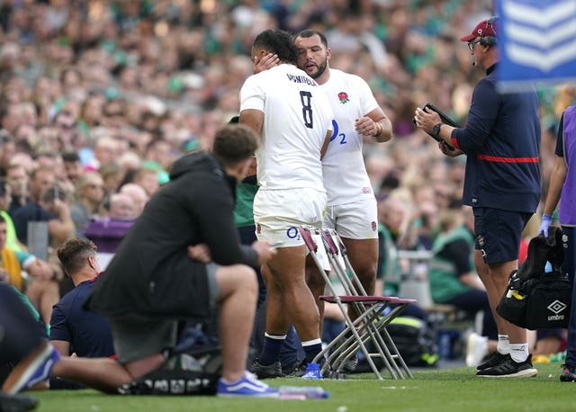 Billy Vunipola, centre, is consoled by Ellis Genge as he leaves the field after his red card