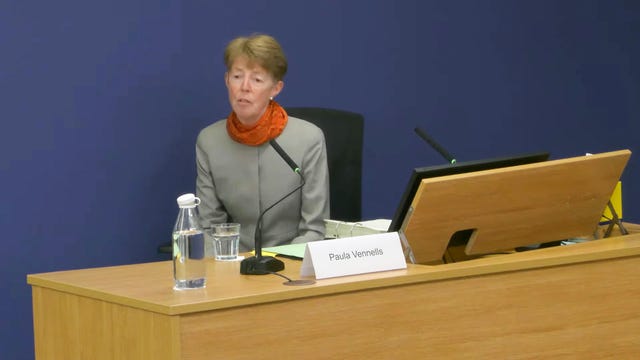 Screen grab taken from the Post Office Horizon IT Inquiry of former Post Office boss Paula Vennells as she gives evidence to the inquiry at Aldwych House, central London