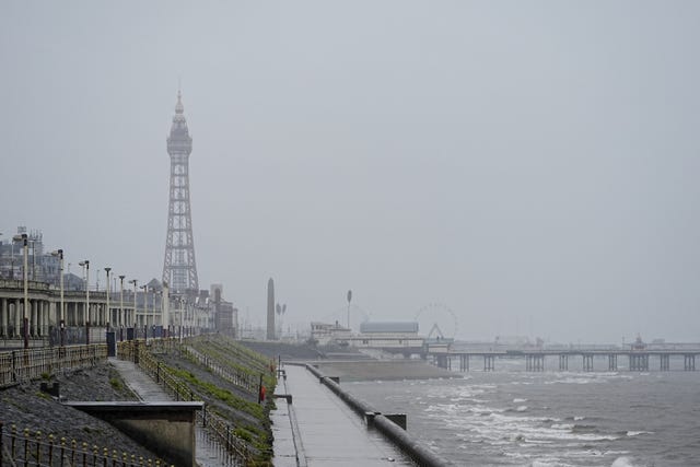 Grey skies and choppy waters at the promenade in Blackpool