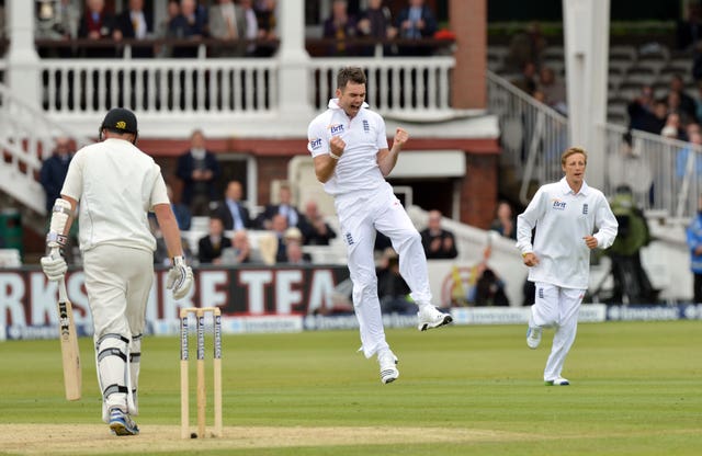 James Anderson celebrates taking the wicket of New Zealand’s Peter Fulton at Lord’s in 2013