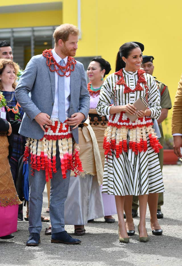 The Duke and Duchess of Sussex visit an exhibition of Tongan handicrafts 