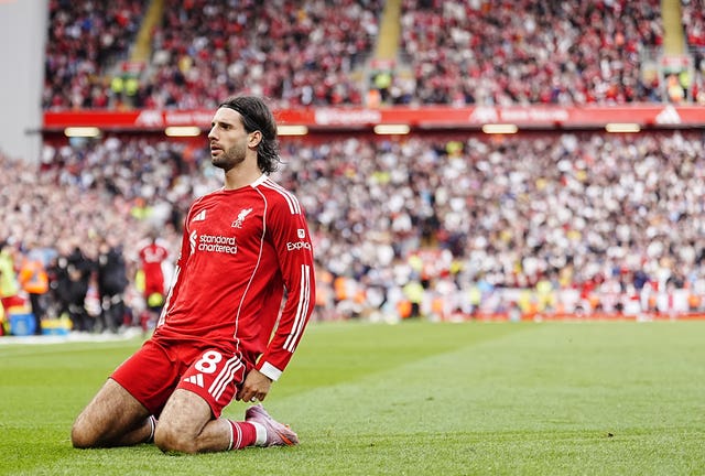 Dominik Szoboszlai celebrates scoring against Arsenal in August