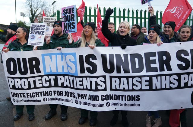 Unite union general secretary Sharon Graham (centre), joins ambulance workers on the picket line outside ambulance headquarters in Coventry. 