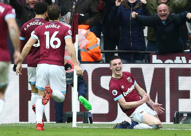 Declan Rice (right) celebrates his first career goal (Yui Mo/PA).
