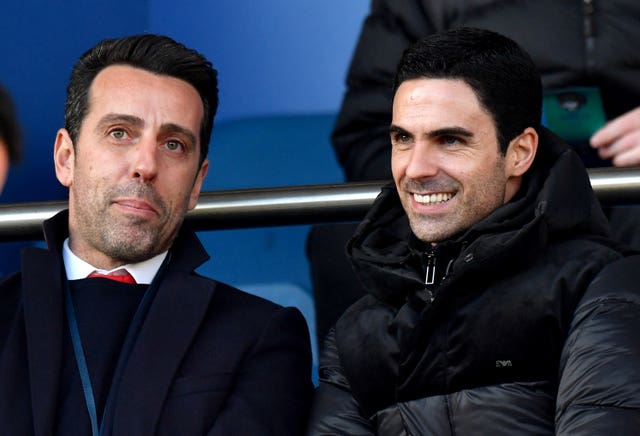 Arsenal manager Mikel Arteta (right) and former sporting director Edu in the stands at Everton