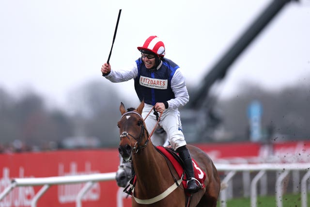 Jockey Ben Jones celebrates winning the Ladbrokes Kauto Star Novices’ Chase on The Jukebox Man