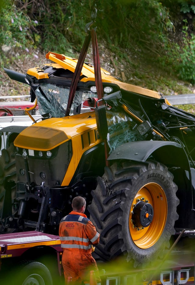 A tractor that fell onto the M20 motorway 