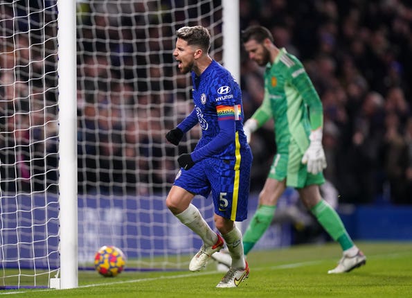 Chelsea’s Jorginho celebrates scoring a penalty against Manchester United