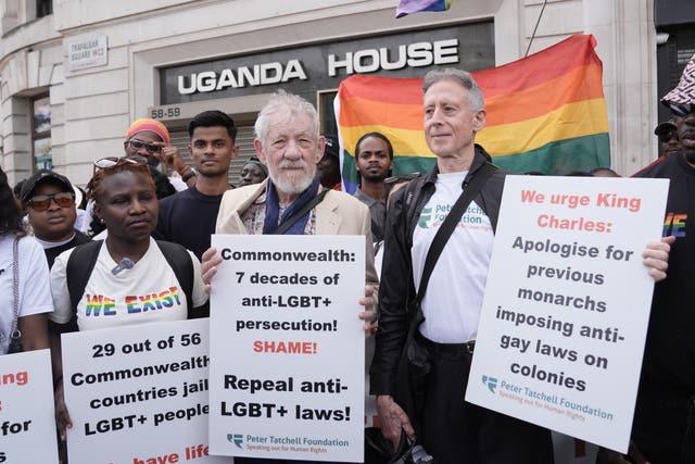 Sir Ian McKellen and Peter Tatchell during the so-called Commonwealth Walk of Shame march in London