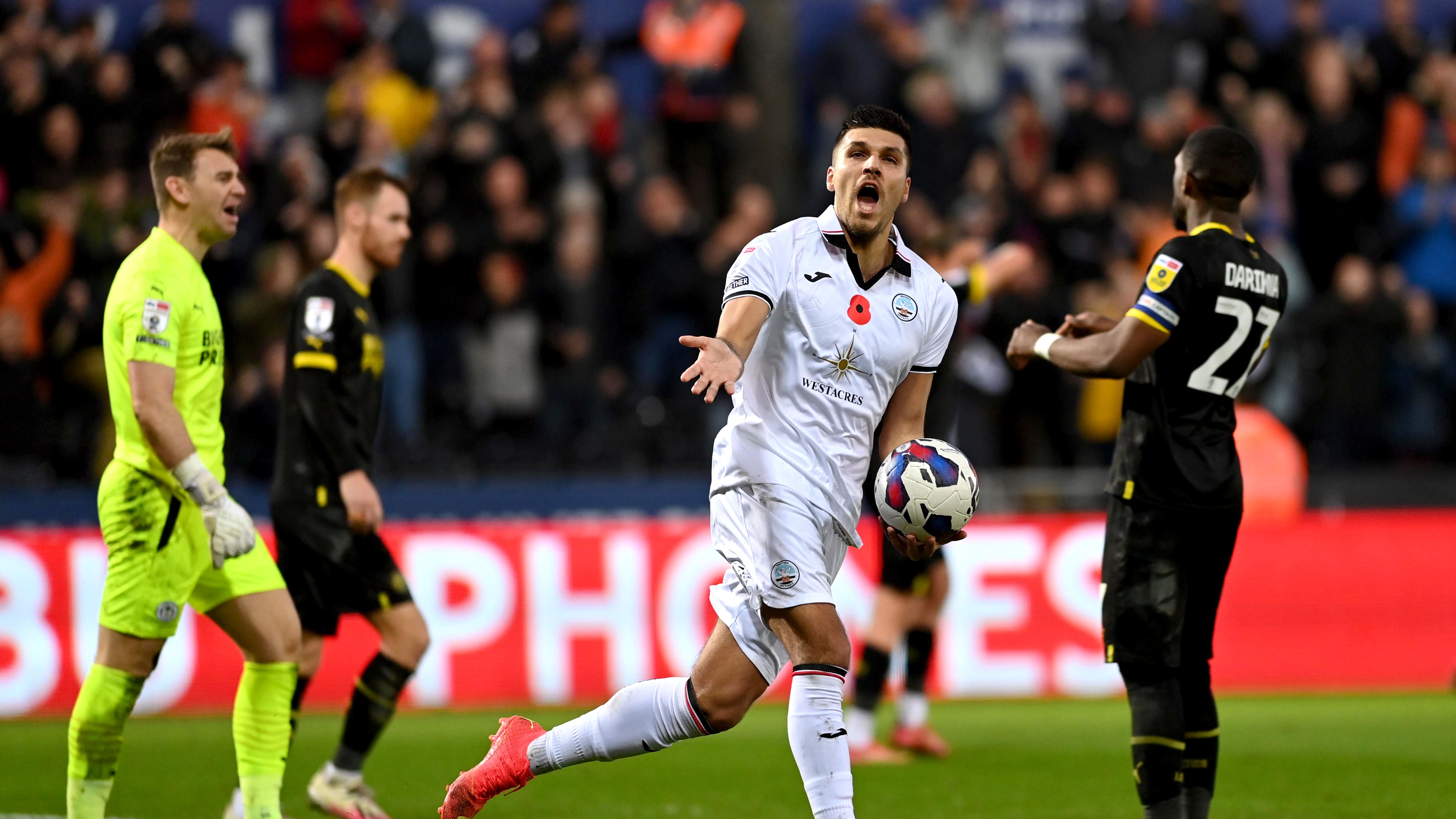 Swansea City’s Joel Piroe celebrates (Simon Galloway/PA)