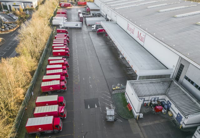 Royal Mail vehicles at Leeds Mail Centre during a strike in December